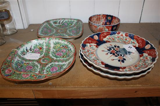 Pair Japanese Imari scalloped edge dishes, similar small bowl & two Canton style shaped dishes